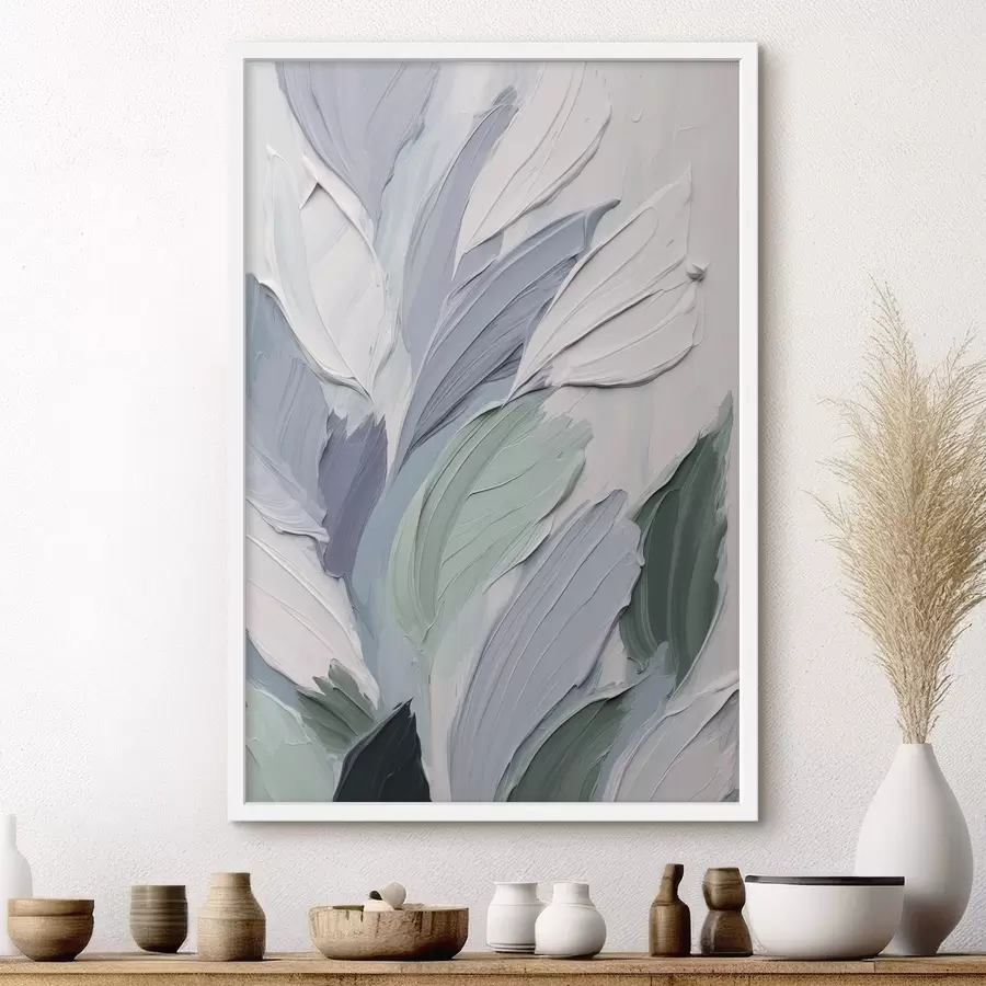 Papier peint Feuilles abstraites, coups de pinceau texturés dans des nuances de blanc, de bleu pâle et de vert f50622