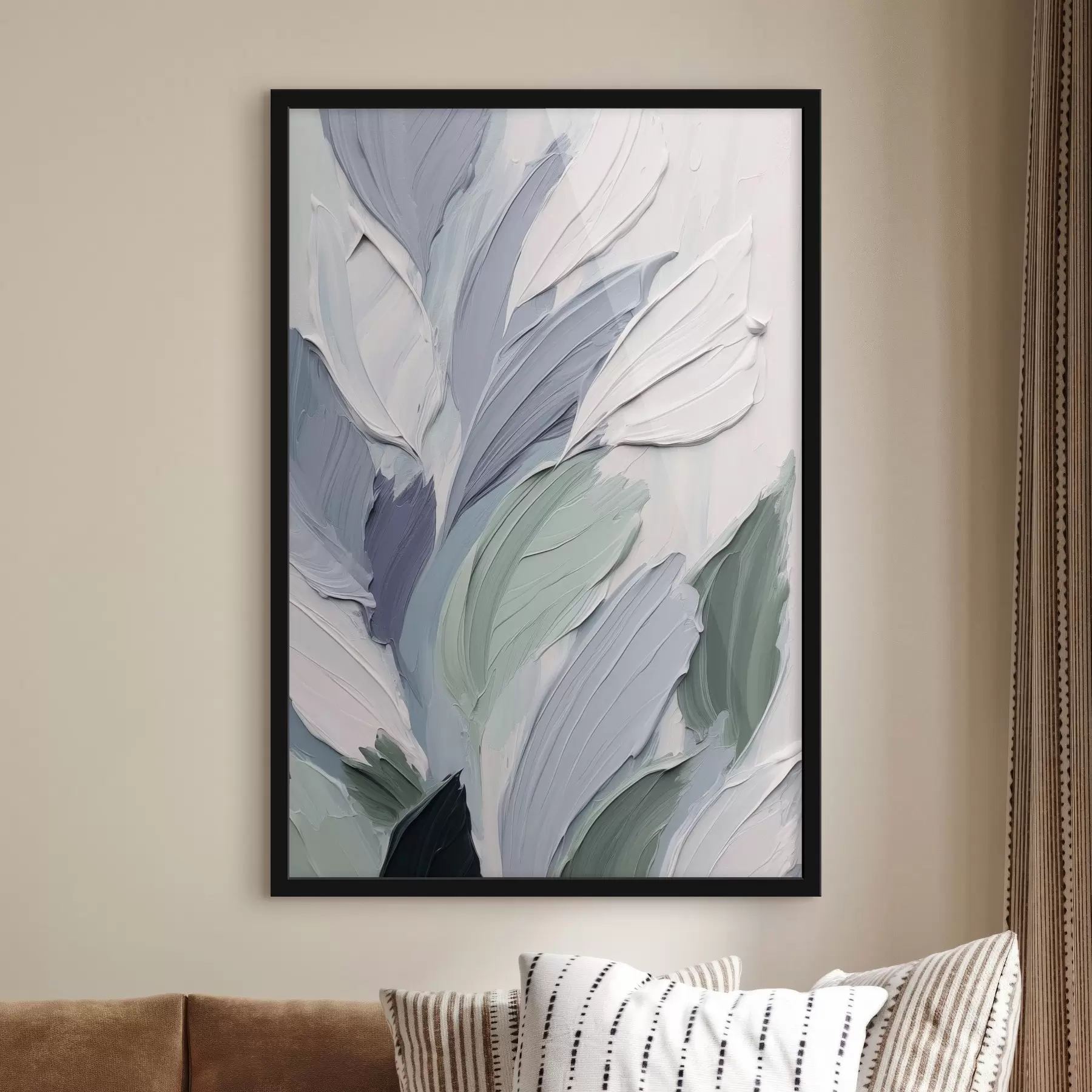Papier peint Feuilles abstraites, coups de pinceau texturés dans des nuances de blanc, de bleu pâle et de vert f50622