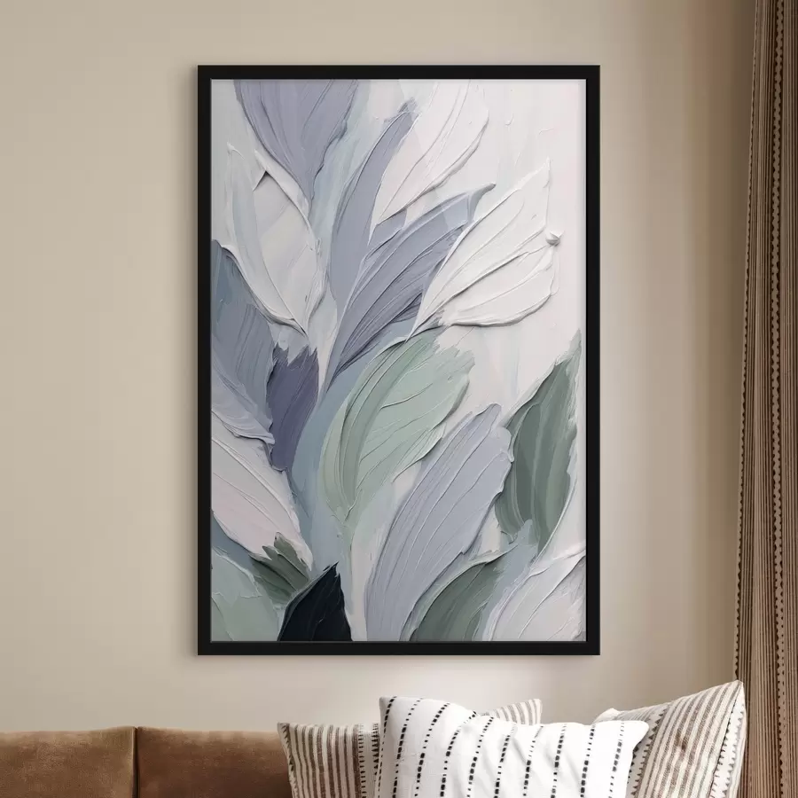 Papier peint Feuilles abstraites, coups de pinceau texturés dans des nuances de blanc, de bleu pâle et de vert f50622