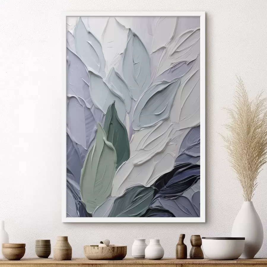 Papier peint Feuilles abstraites, coups de pinceau texturés dans des nuances de blanc, de bleu pâle et de vert f50623