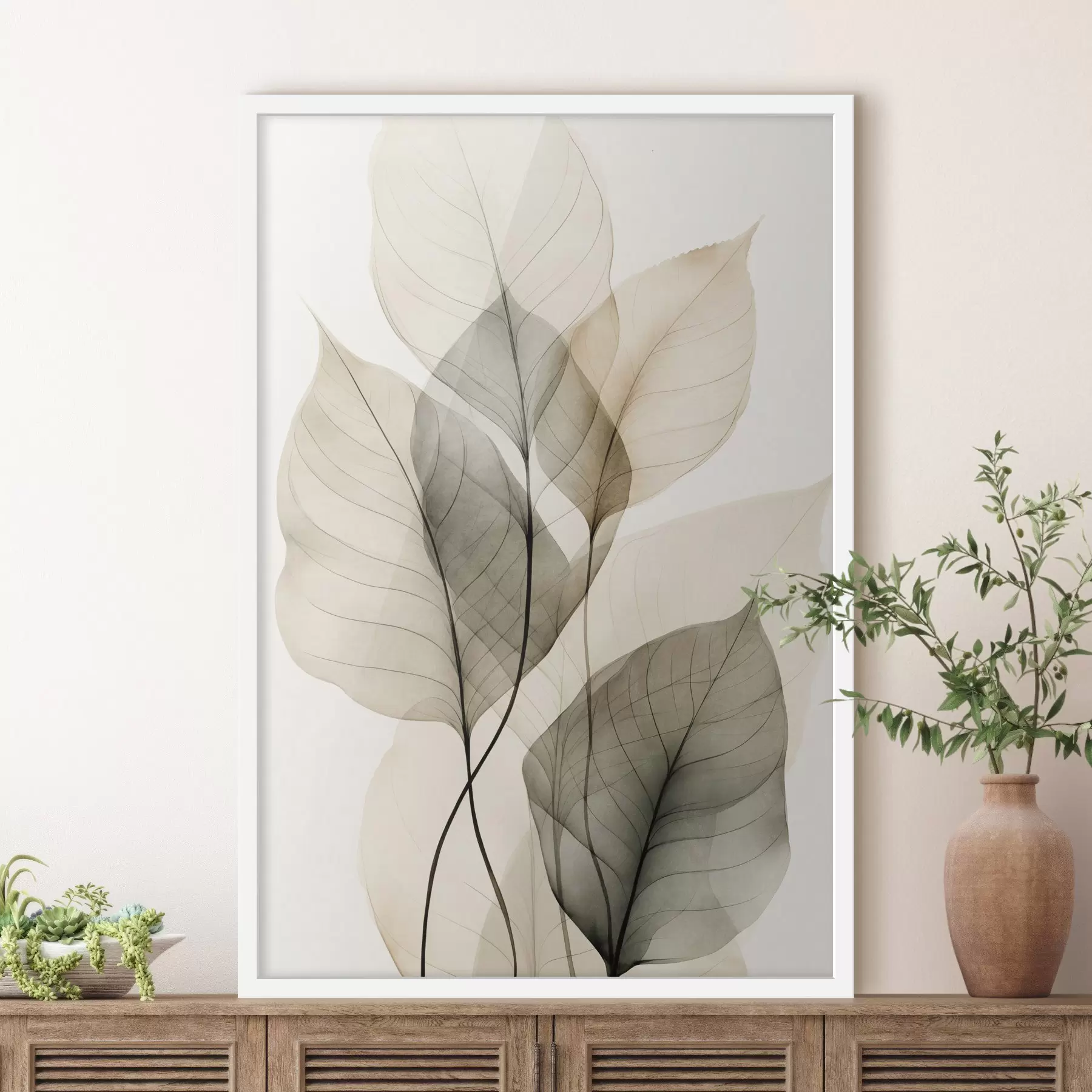 Papier peint Feuilles transparentes texturées dans des tons de beige et de gris, sur fond clair f50624