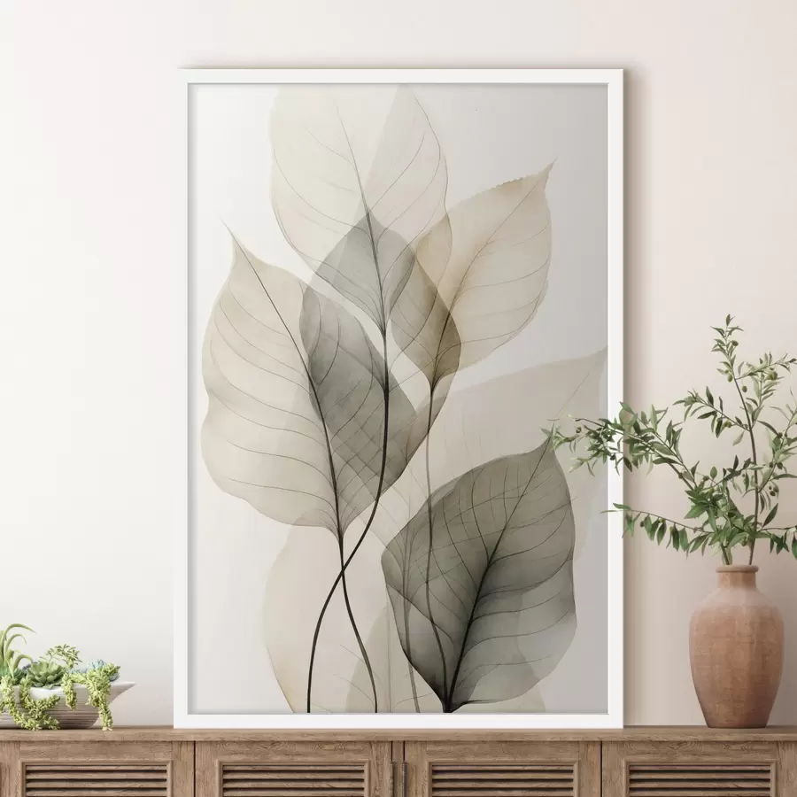 Papier peint Feuilles transparentes texturées dans des tons de beige et de gris, sur fond clair f50624