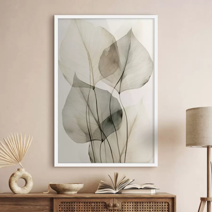 Papier peint Feuilles transparentes texturées dans des tons de beige et de gris, sur fond clair f50625