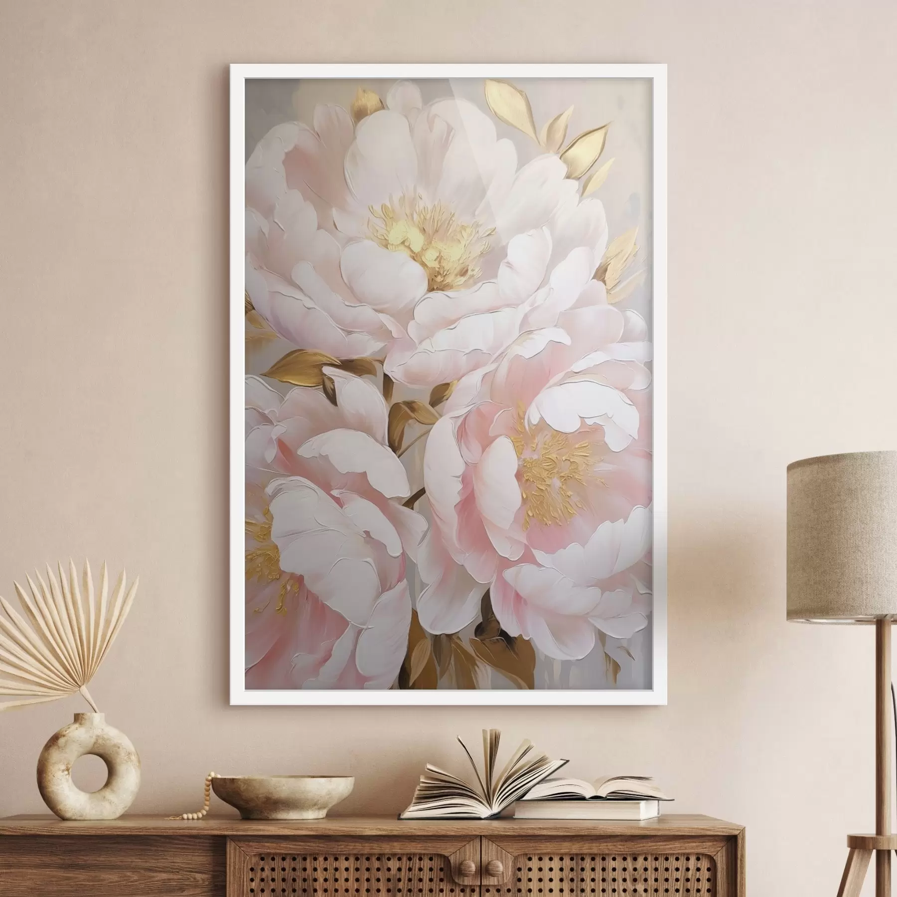 Papier peint Pivoines rose pâle, style « coups de pinceau » texturés, fond abstrait f50628