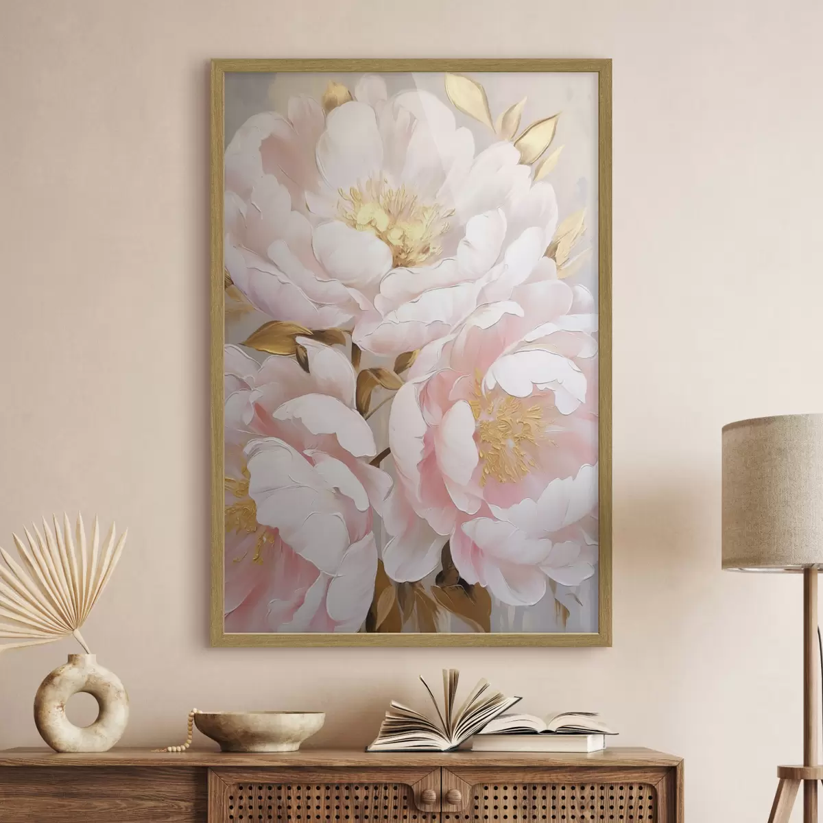 Poster Pivoines rose pâle, style « coups de pinceau » texturés, fond abstrait f50628
