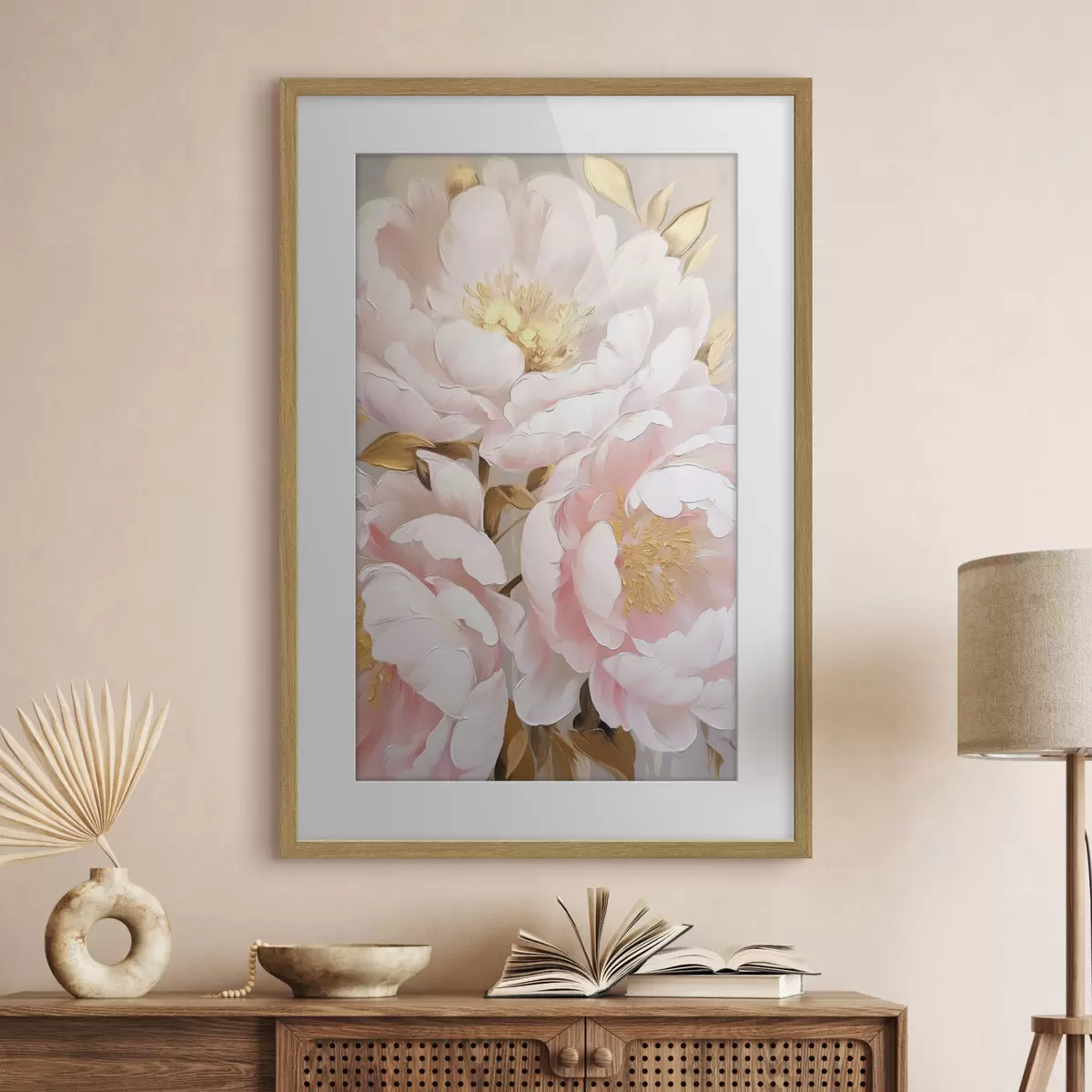 Poster Pivoines rose pâle, style « coups de pinceau » texturés, fond abstrait f50628