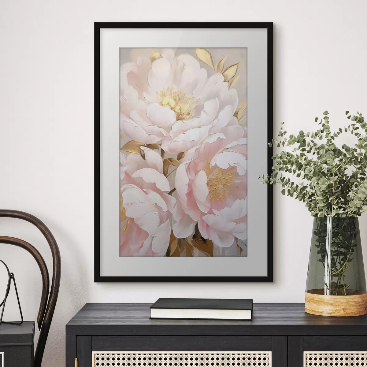 Poster Pivoines rose pâle, style « coups de pinceau » texturés, fond abstrait f50628