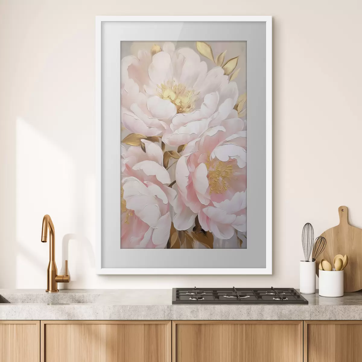 Poster Pivoines rose pâle, style « coups de pinceau » texturés, fond abstrait f50628