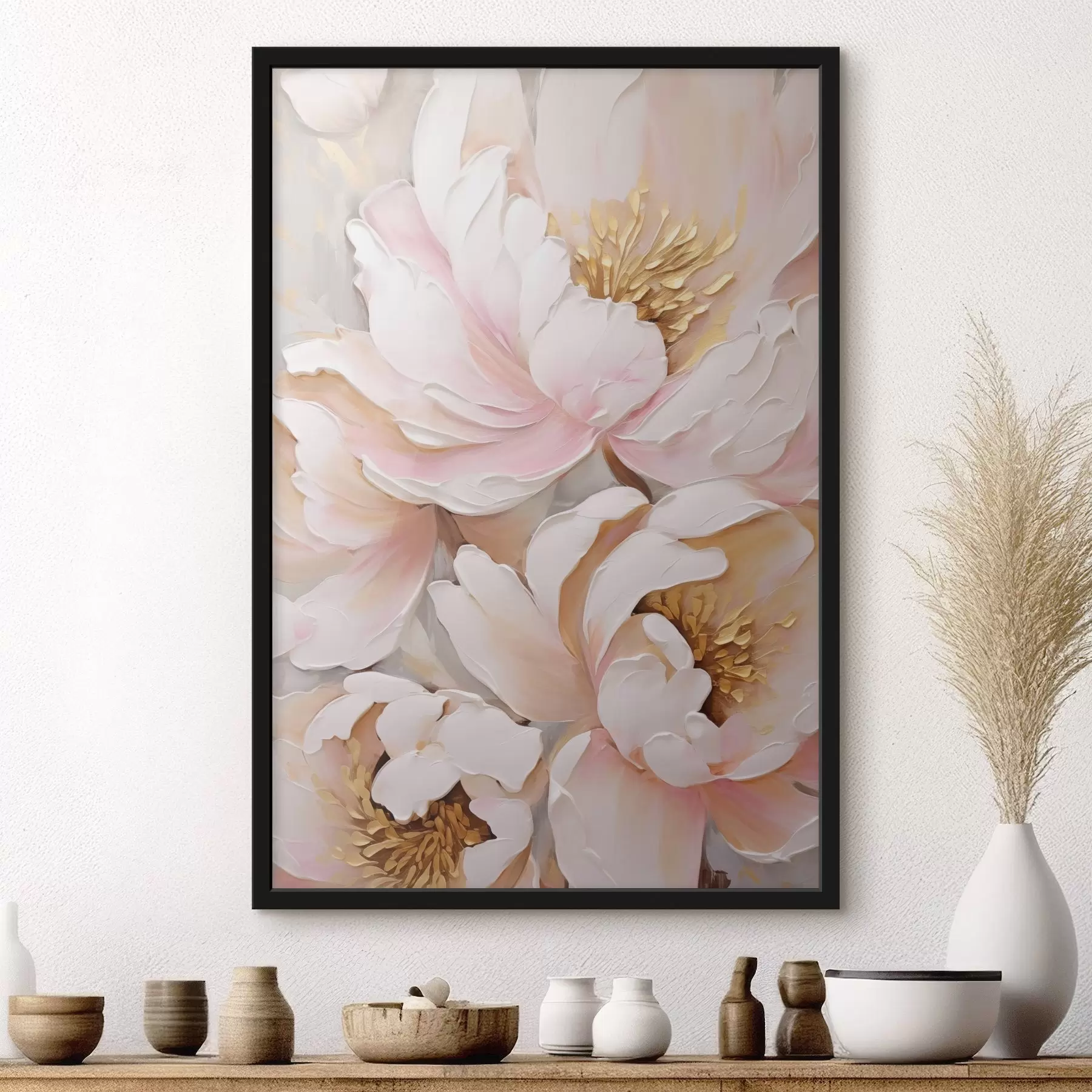Papier peint Pivoines rose pâle, style « coups de pinceau » texturés, fond abstrait f50629