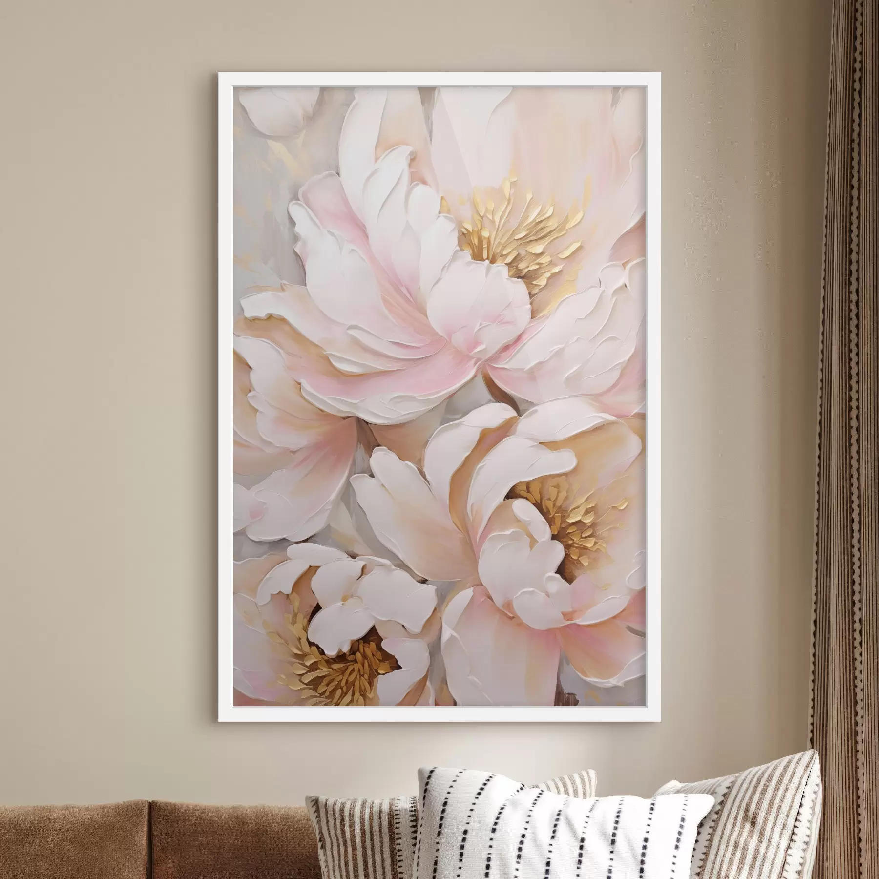 Papier peint Pivoines rose pâle, style « coups de pinceau » texturés, fond abstrait f50629