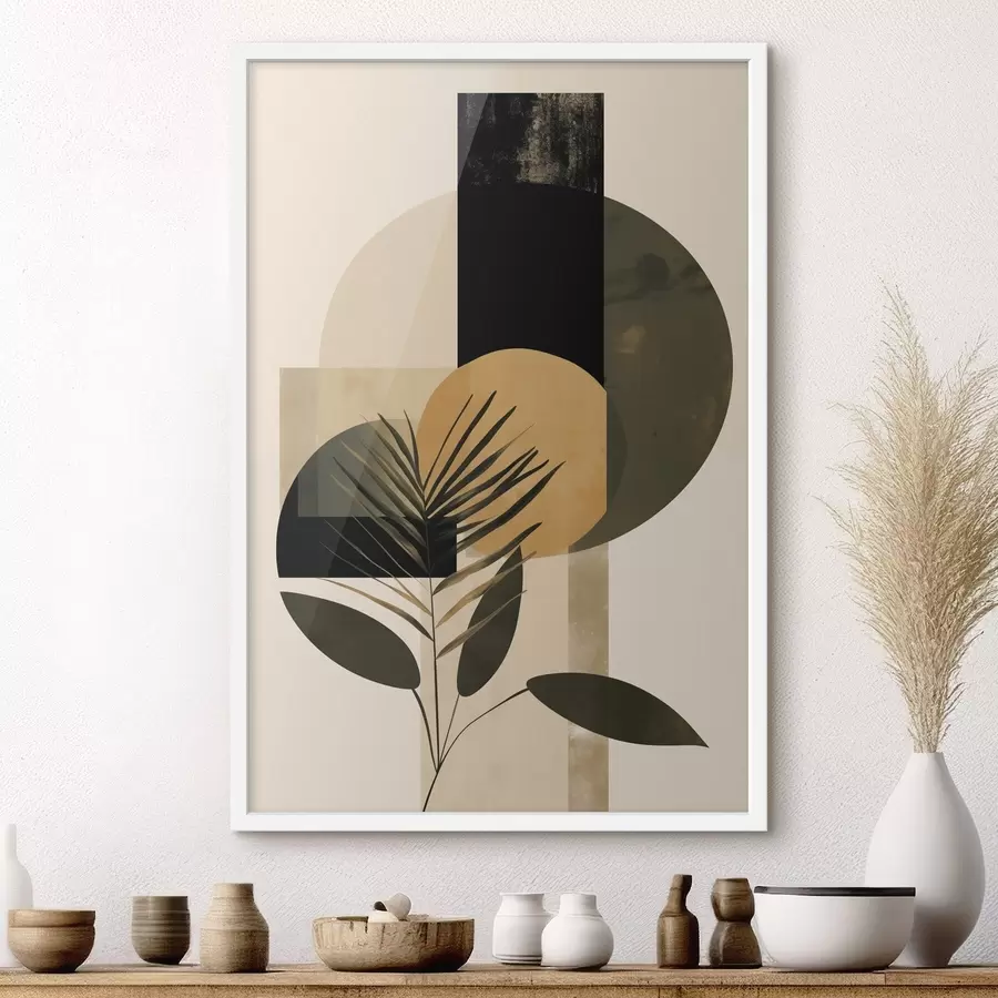 Papier peint Composition abstraite composée de formes géométriques et de feuilles tropicales, texturée f50632