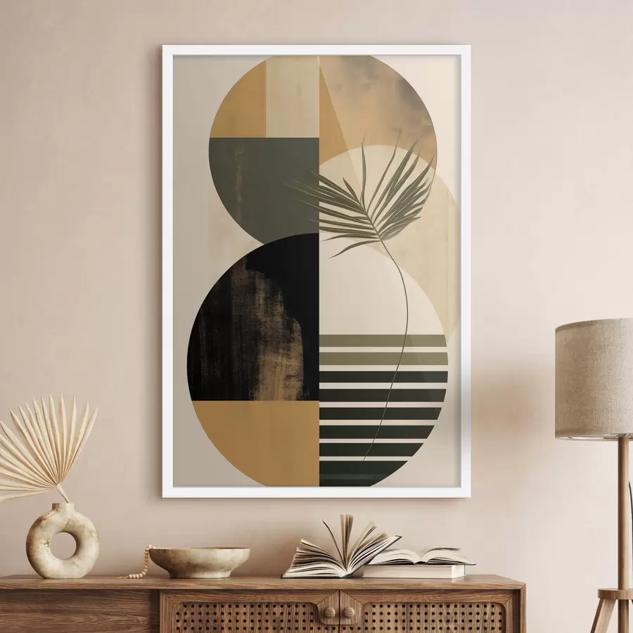 Papier peint Composition abstraite composée de formes géométriques et de feuilles tropicales, texturée f50633