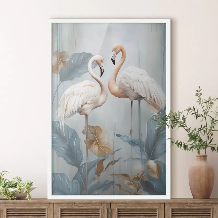 Papier peint Des flamants roses avec des feuilles tropicales, aux couleurs pastel f50638
