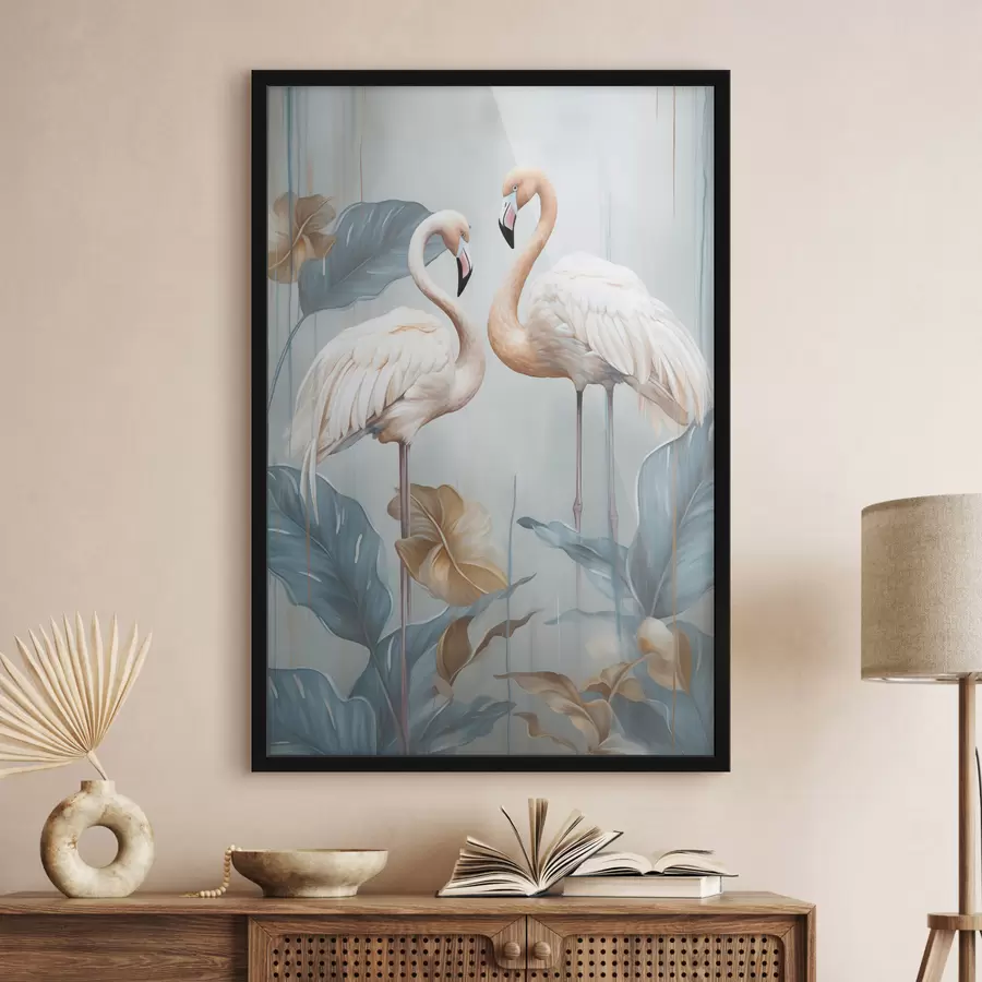 Papier peint Des flamants roses avec des feuilles tropicales, aux couleurs pastel f50638