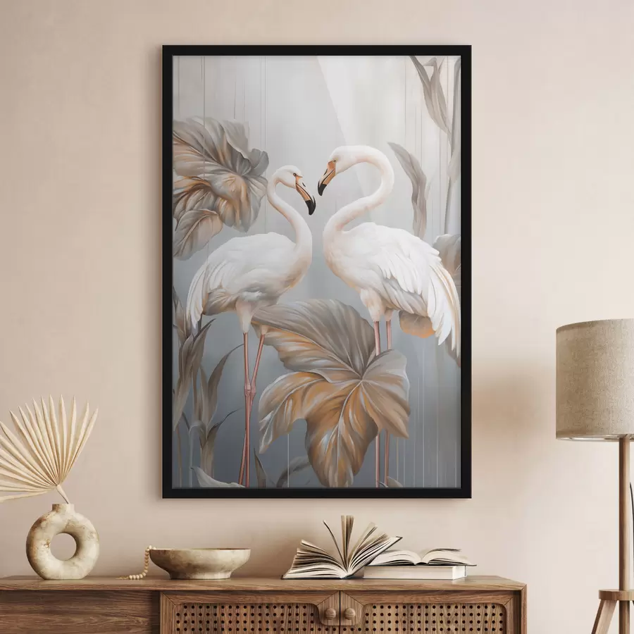 Papier peint Des flamants roses avec des feuilles tropicales, aux couleurs pastel f50639