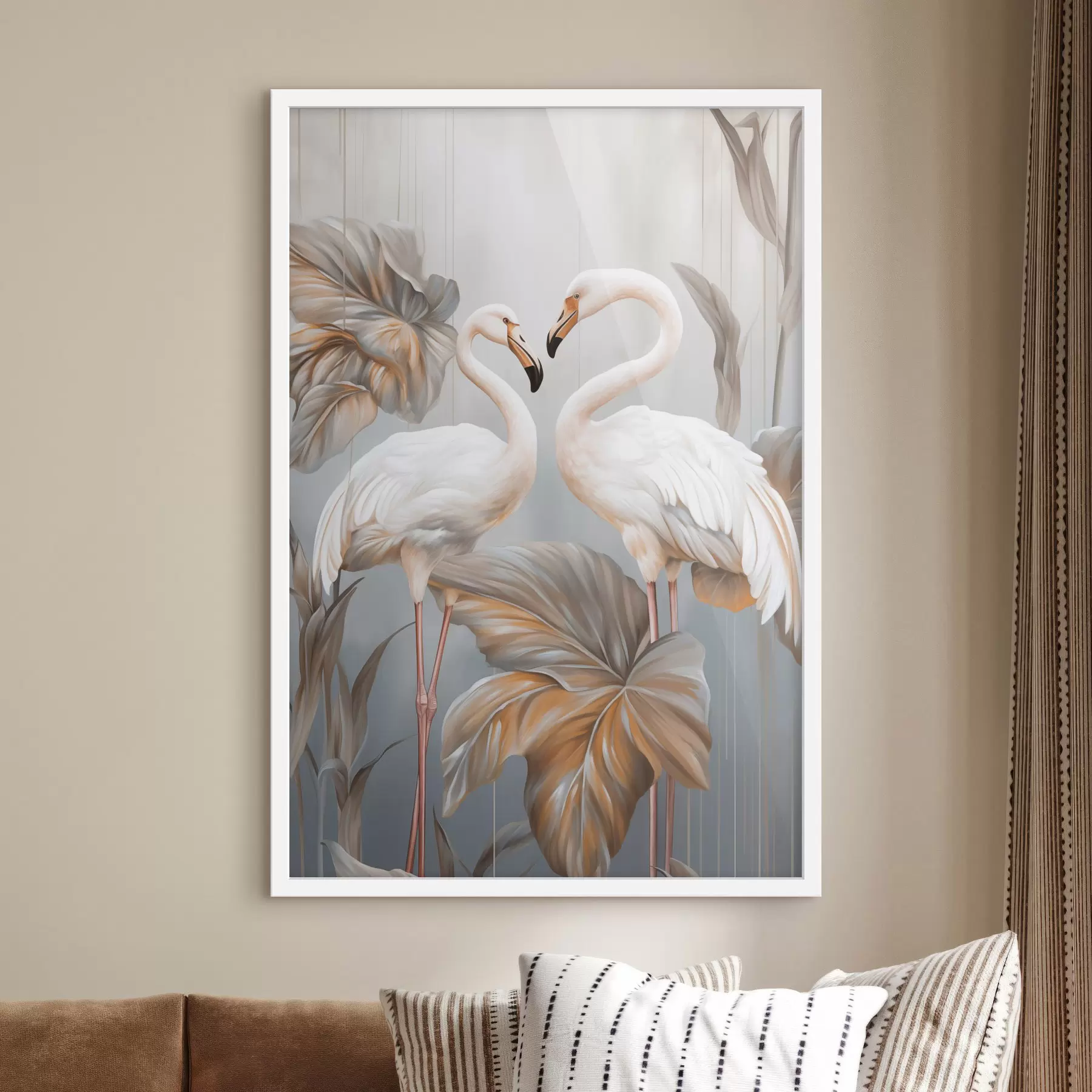 Papier peint Des flamants roses avec des feuilles tropicales, aux couleurs pastel f50639