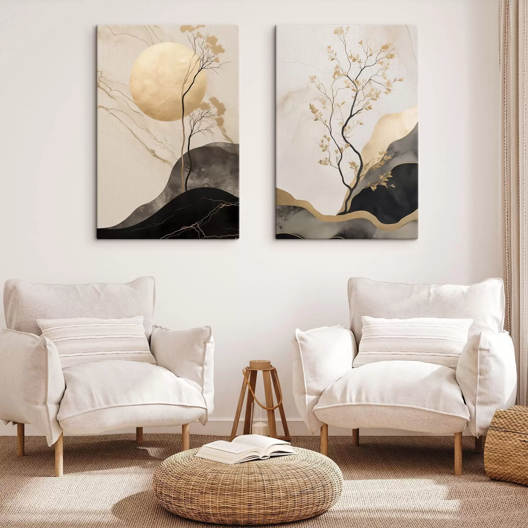 Tableau Une œuvre d'art abstrait minimaliste, représentant un arbre et des textures fluides dans des tons beiges et noirs m30955