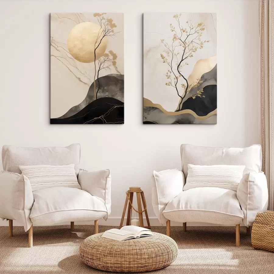 Tableau Une œuvre d'art abstrait minimaliste, représentant un arbre et des textures fluides dans des tons beiges et noirs m30955