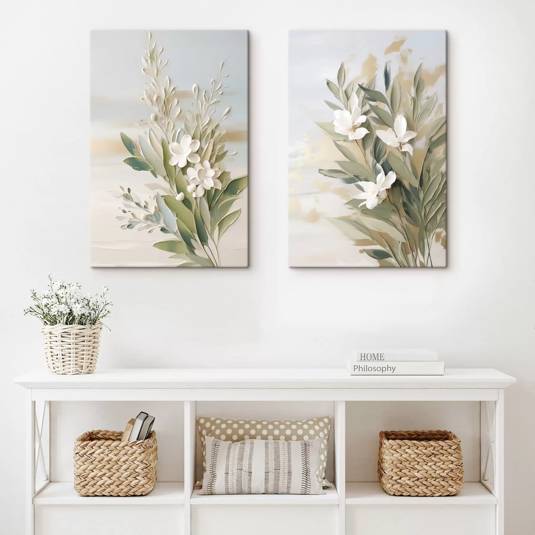 Tableau Des fleurs blanches et des feuilles vertes sur un fond doux et texturé aux couleurs pastel m30958