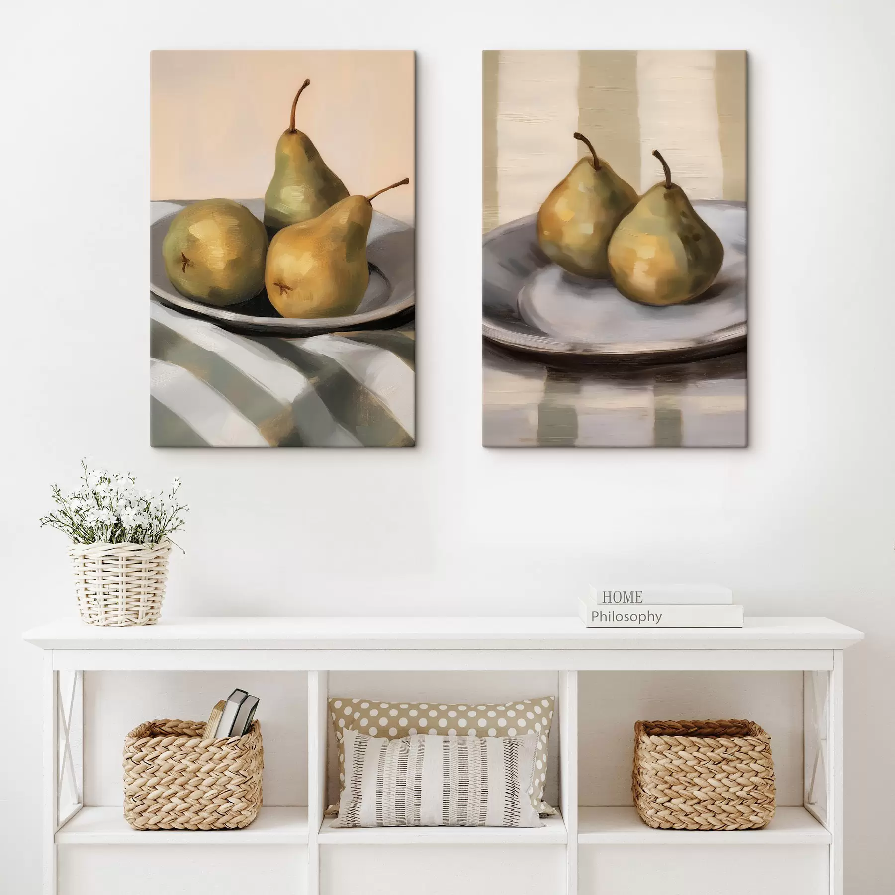 Tableau Nature morte aux poires sur un linge rayé m30959