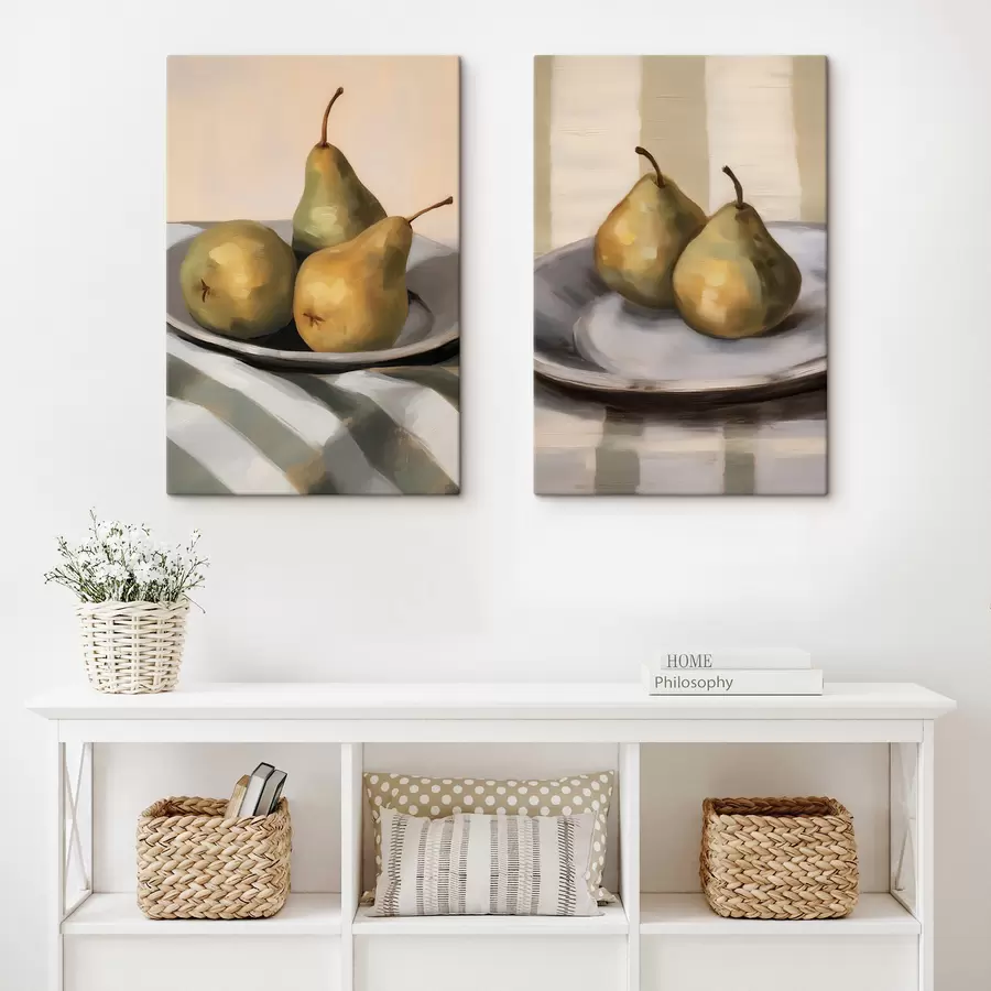 Tableau Nature morte aux poires sur un linge rayé m30959