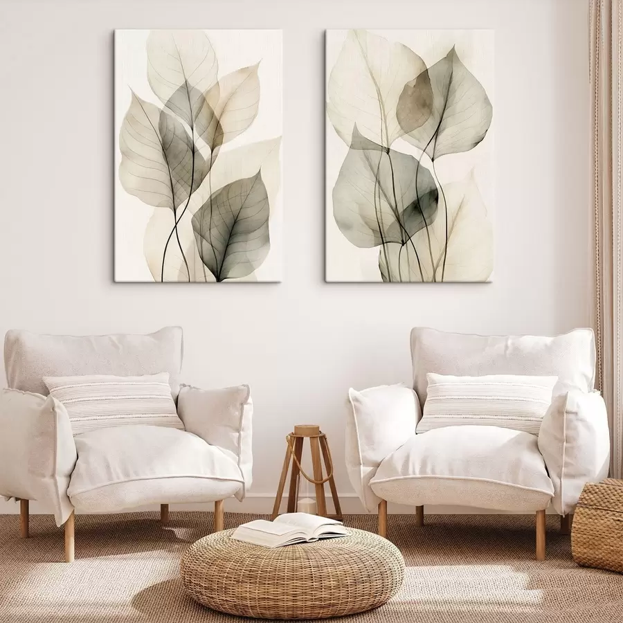 Tableau Feuilles transparentes texturées dans des tons de beige et de gris, sur fond clair m30961