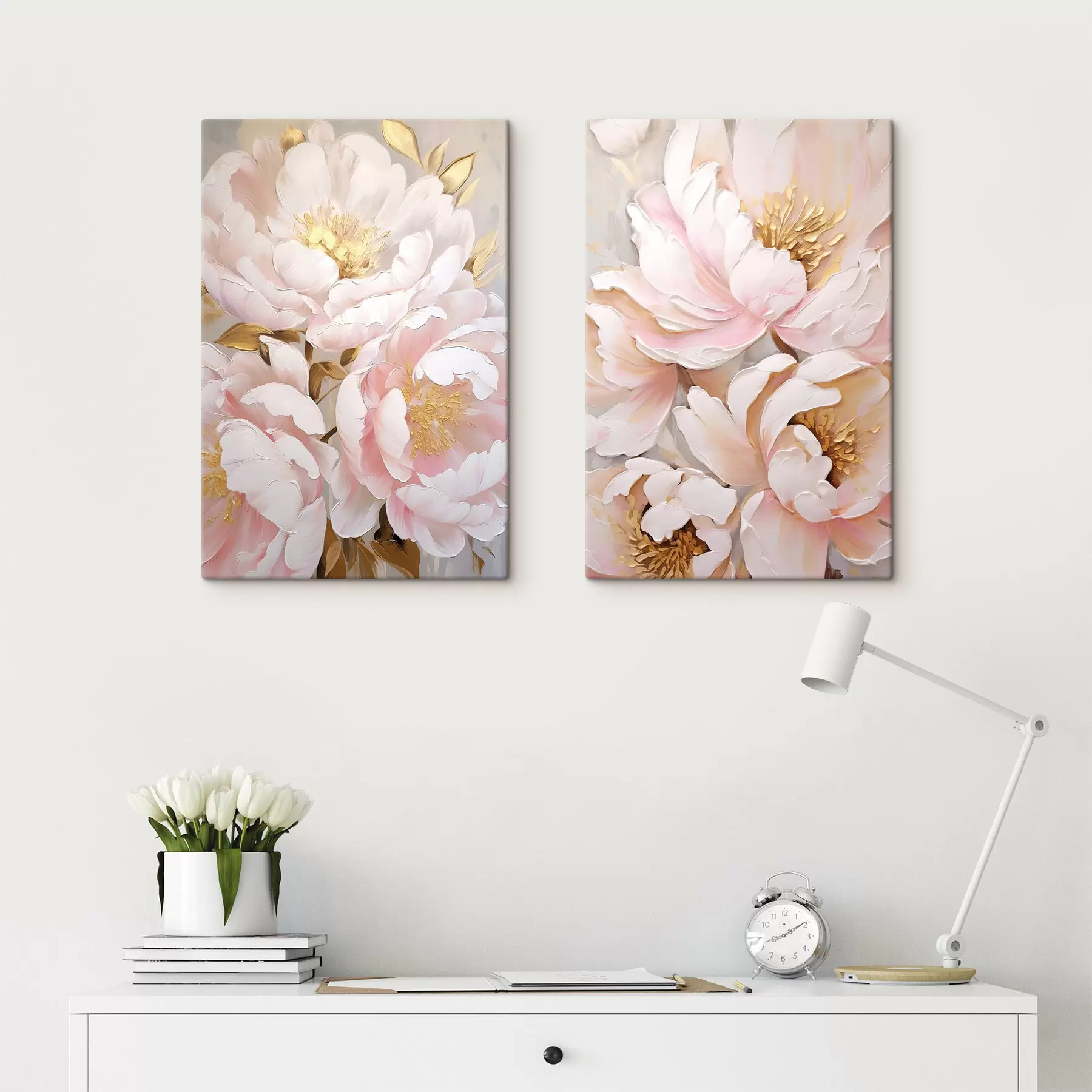 Tableau Pivoines rose pâle, style « coups de pinceau » texturés, fond abstrait m30963
