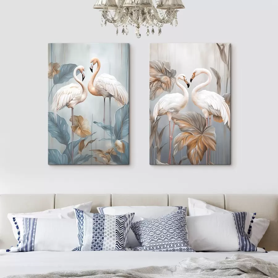 Papier peint Des flamants roses avec des feuilles tropicales, aux couleurs pastel m30968
