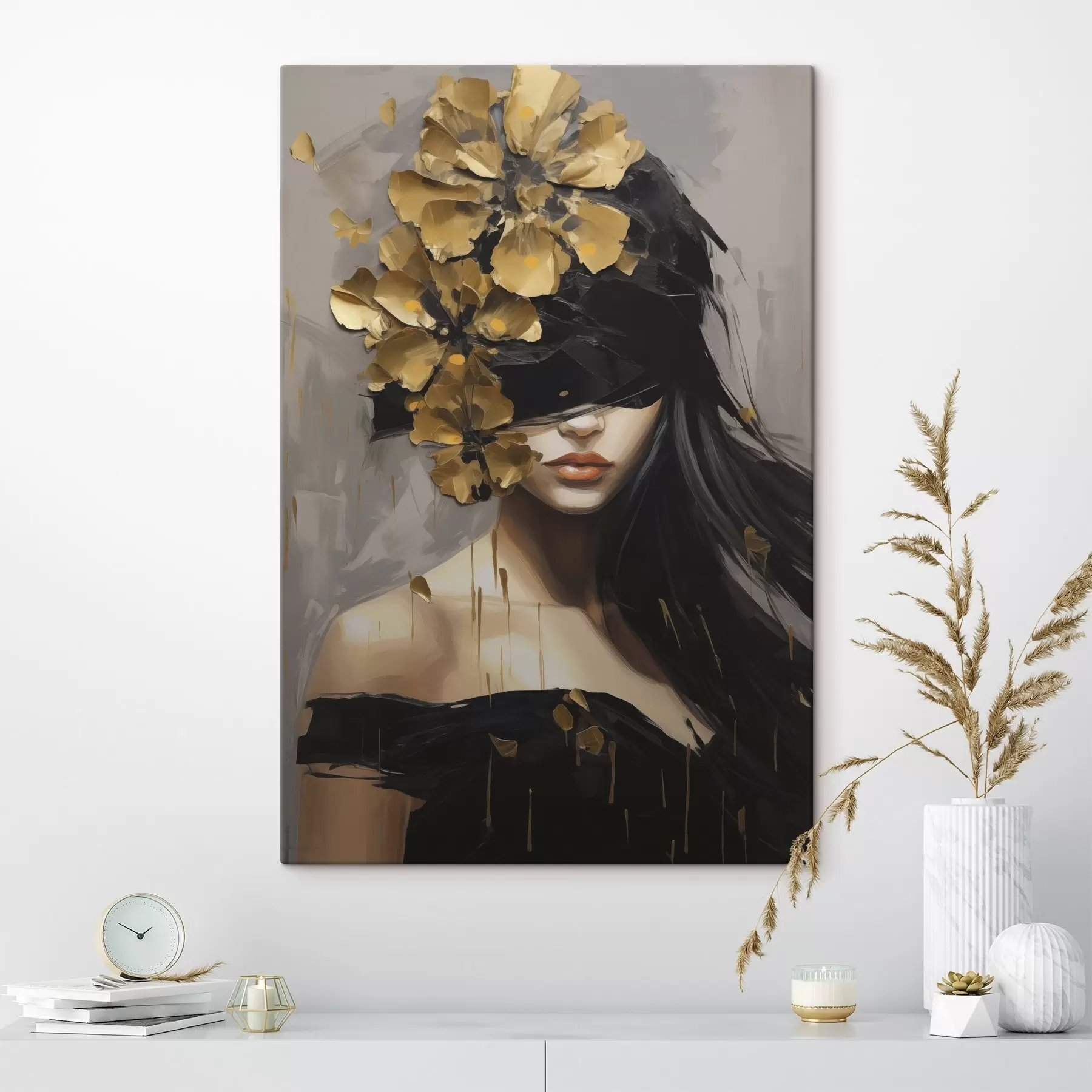 Tableau Fille abstraite avec des fleurs dans les cheveux s50671