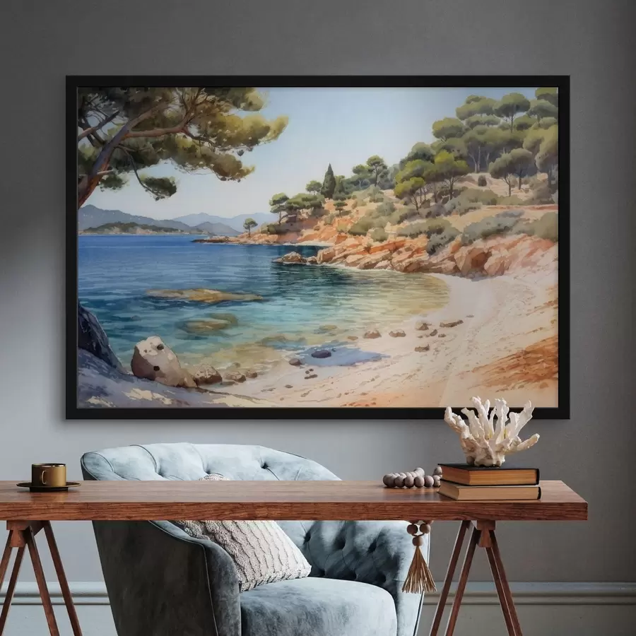 Papier peint Crique avec un rivage rocheux et des pins f50579