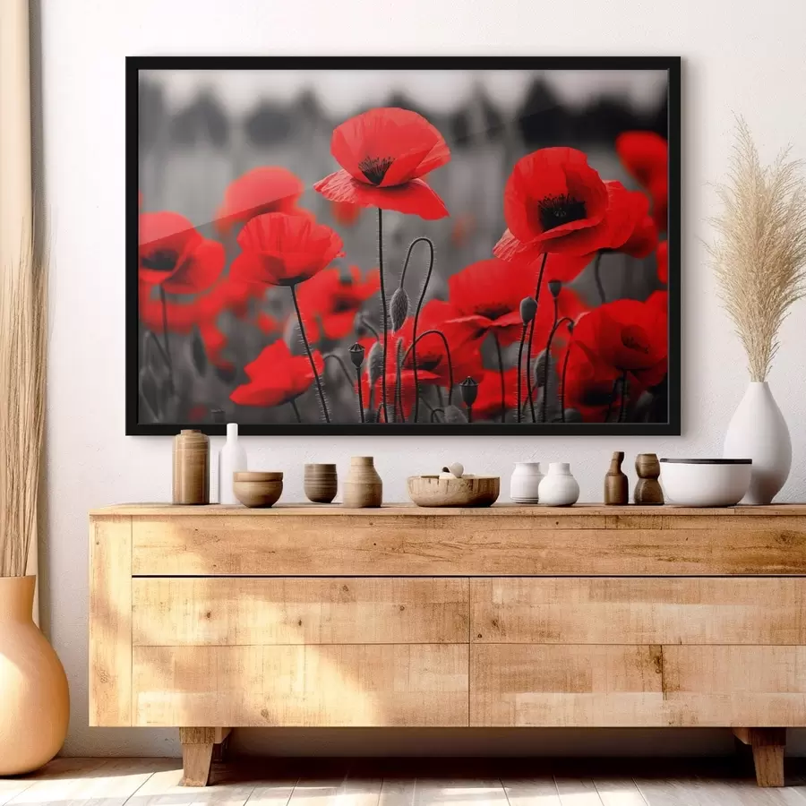 Papier peint Des coquelicots d'un rouge vif sur un fond monochrome f50584