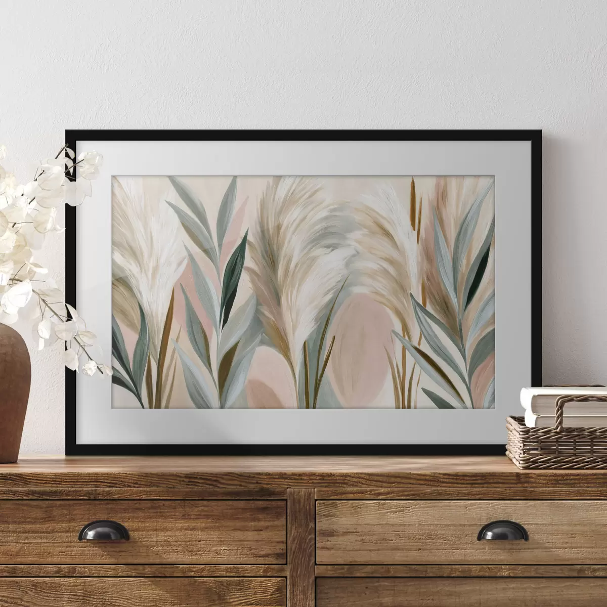 Poster Feuilles décoratives et graminées plumeuses aux tons pastel f50586