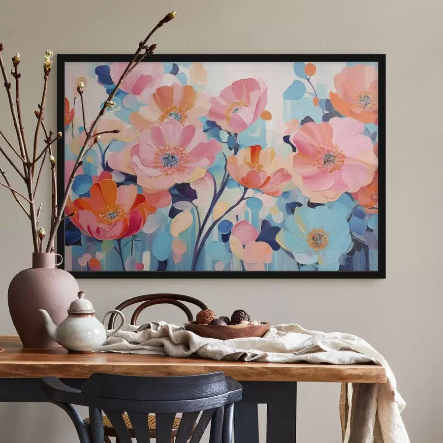 Papier peint De grandes fleurs aux couleurs vives, dans des tons de rose et de bleu f50590