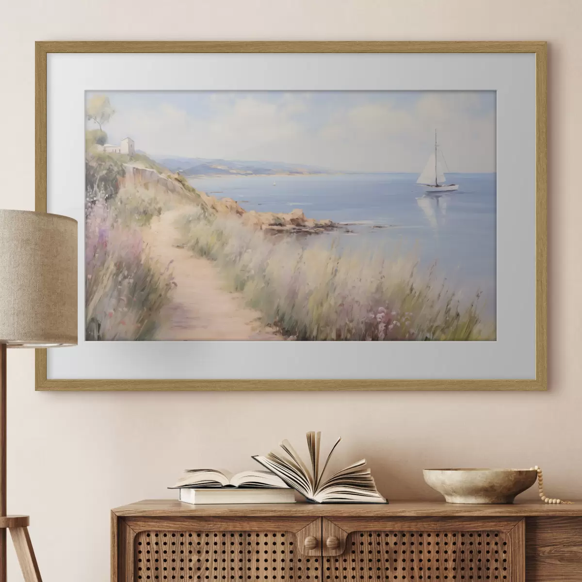 Poster Sentier côtier bordé de fleurs et d'un voilier f50592