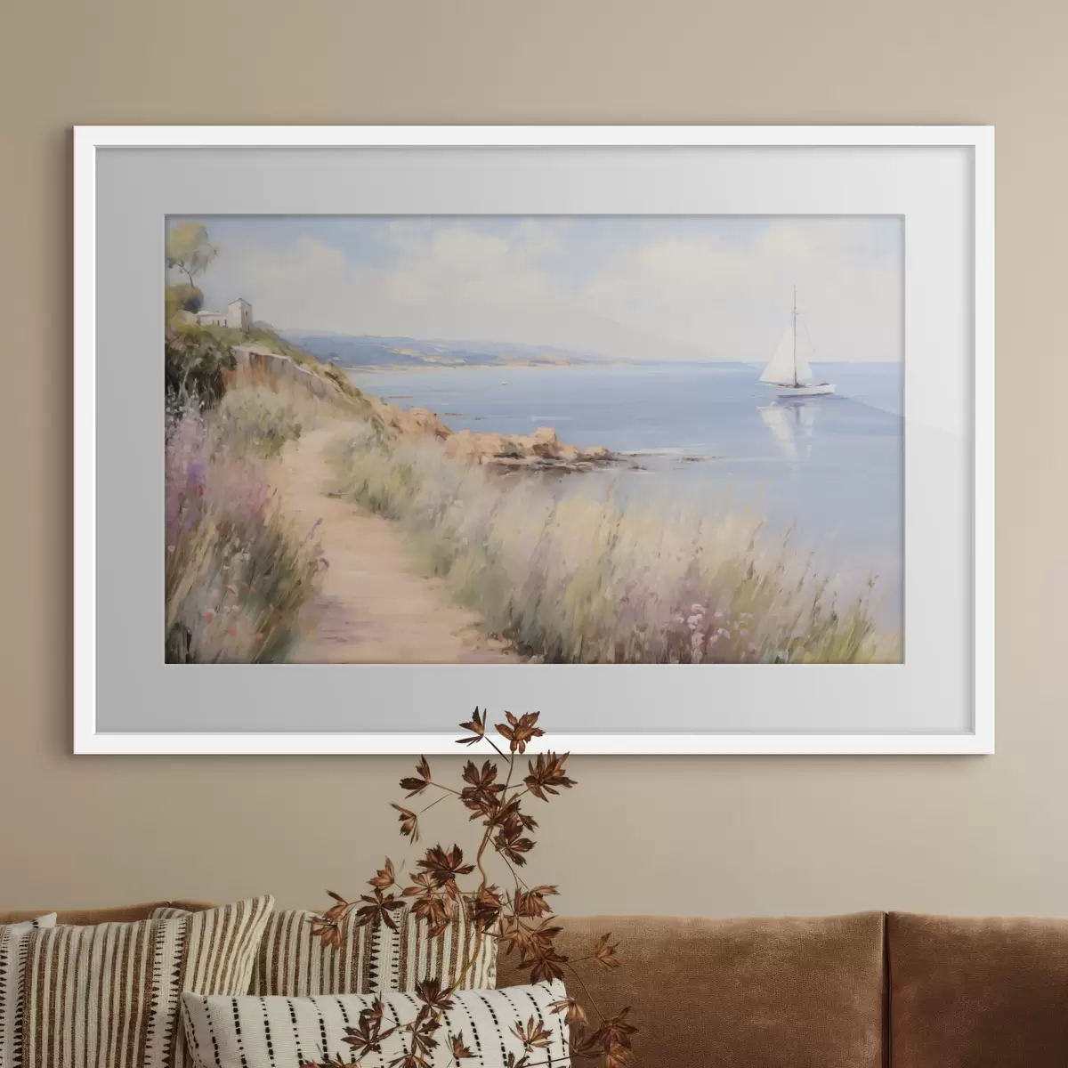 Poster Sentier côtier bordé de fleurs et d'un voilier f50592
