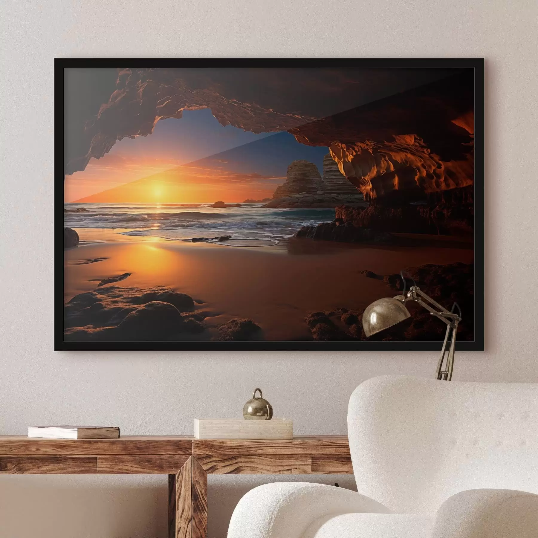 Papier peint Coucher de soleil en bord de mer, encadré par une grotte rocheuse f50594