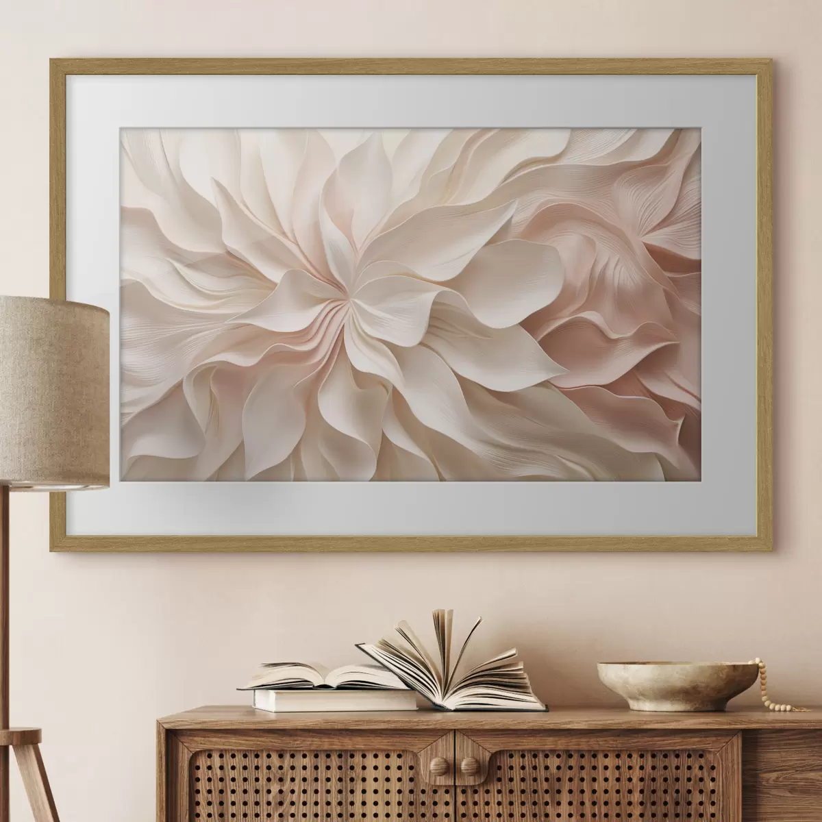 Poster Motifs floraux en relief dans des tons crème et rose f50599