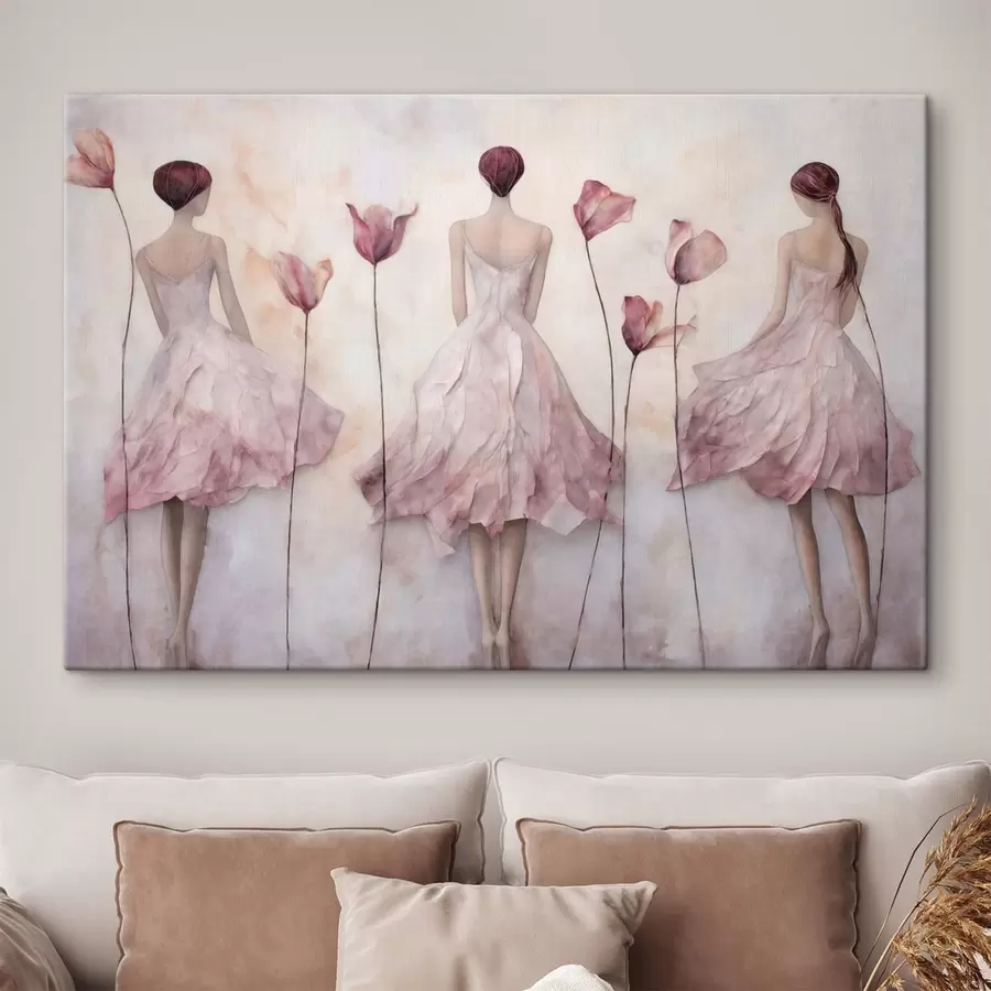 Tableau Trois silhouettes féminines en robes roses au milieu des fleurs s50582