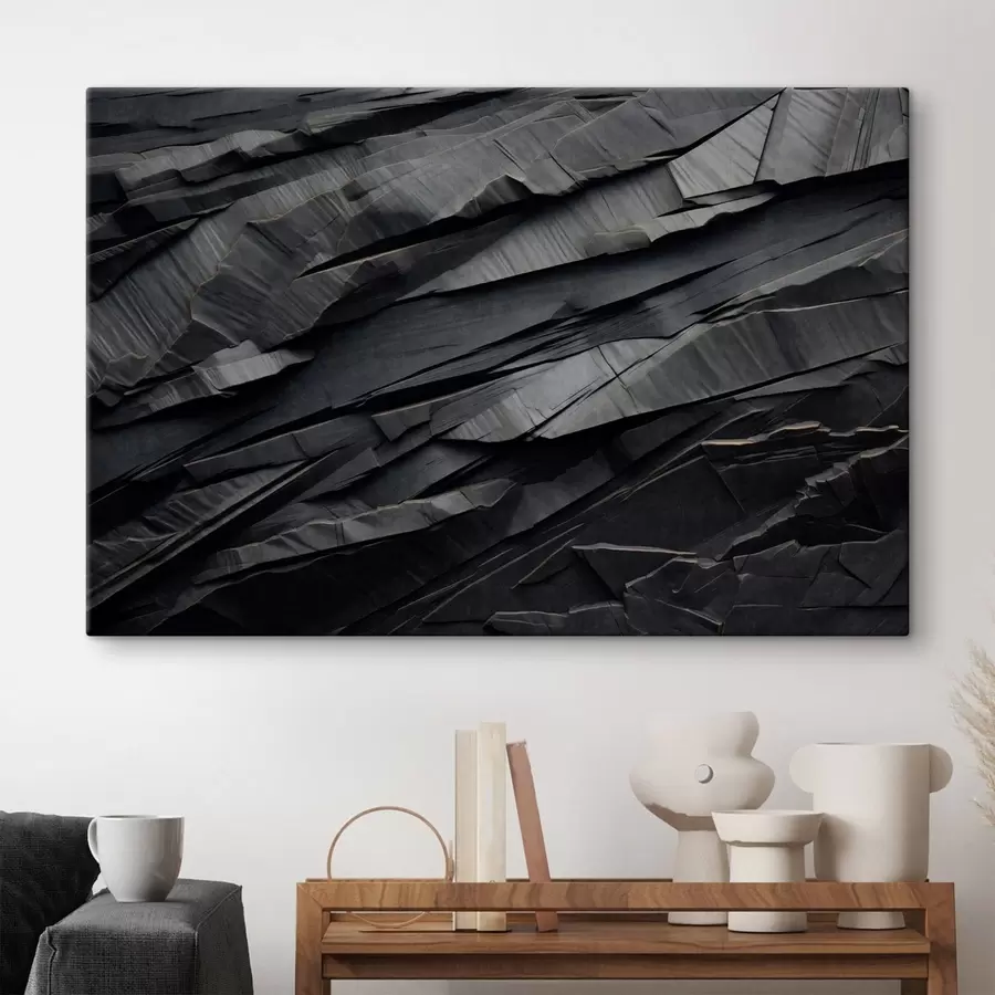 Tableau Formations rocheuses sombres en couches, parcourues de fines veines s50583