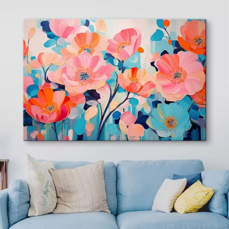 Tableau De grandes fleurs aux couleurs vives, dans des tons de rose et de bleu s50590