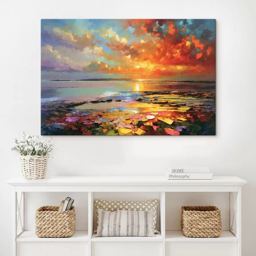 Tableau Un coucher de soleil éclatant sur l'eau et un rivage rocheux s50591