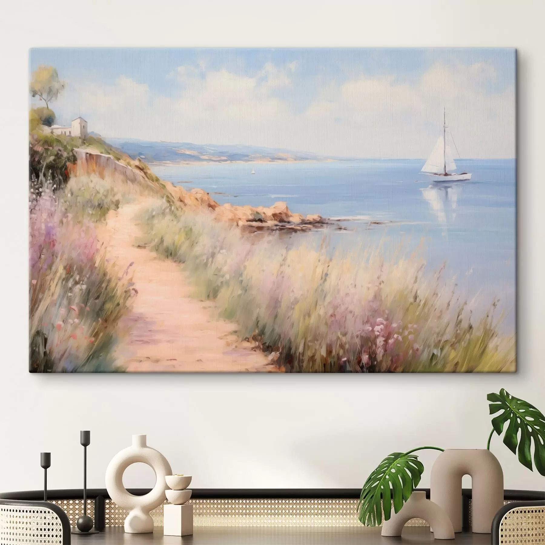 Tableau Sentier côtier bordé de fleurs et d'un voilier s50592