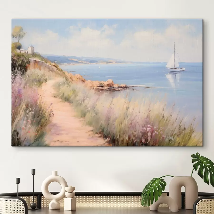 Tableau Sentier côtier bordé de fleurs et d'un voilier s50592