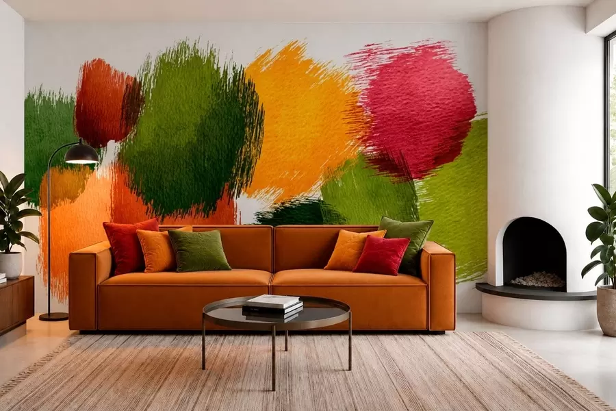 Papier peint Traits abstraits verts, orange et roses w05859