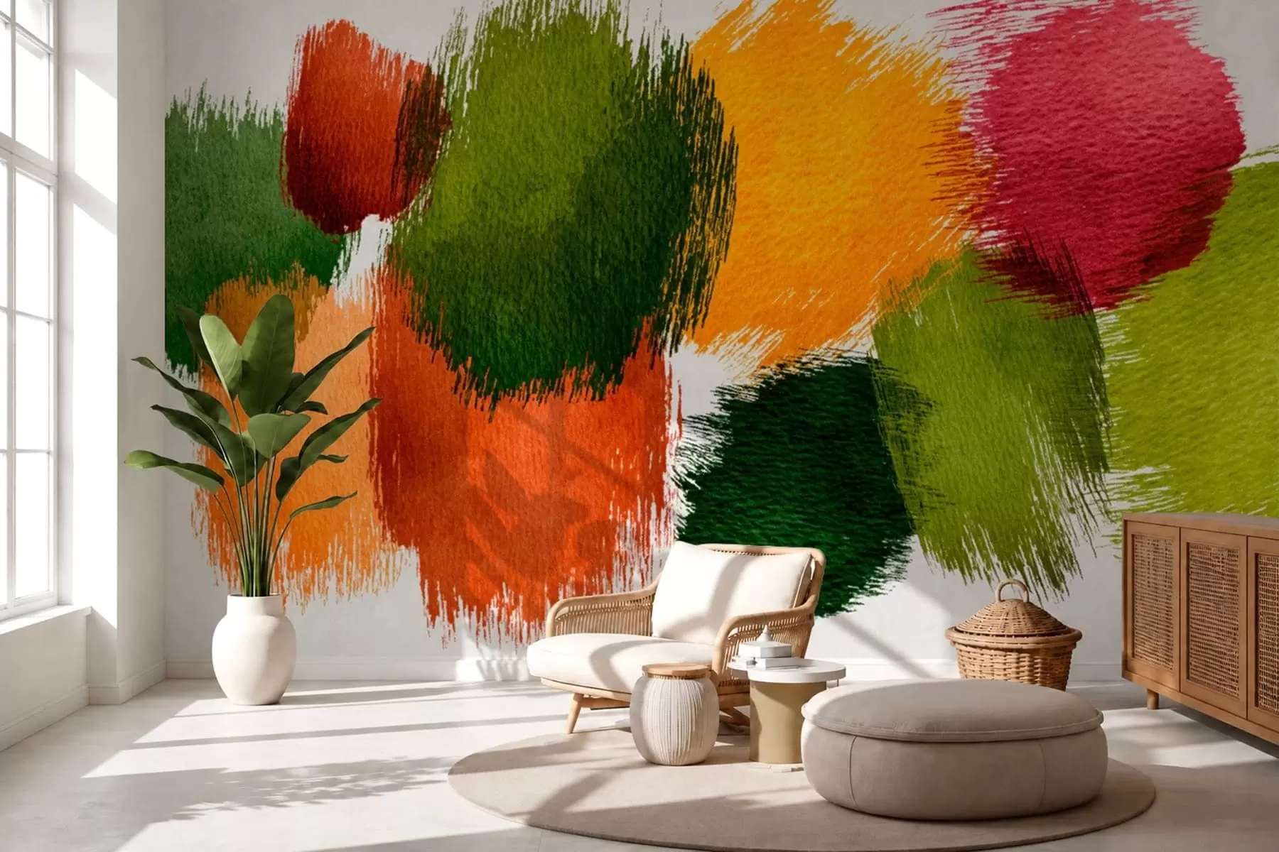 Papier peint Traits abstraits verts, orange et roses w05859