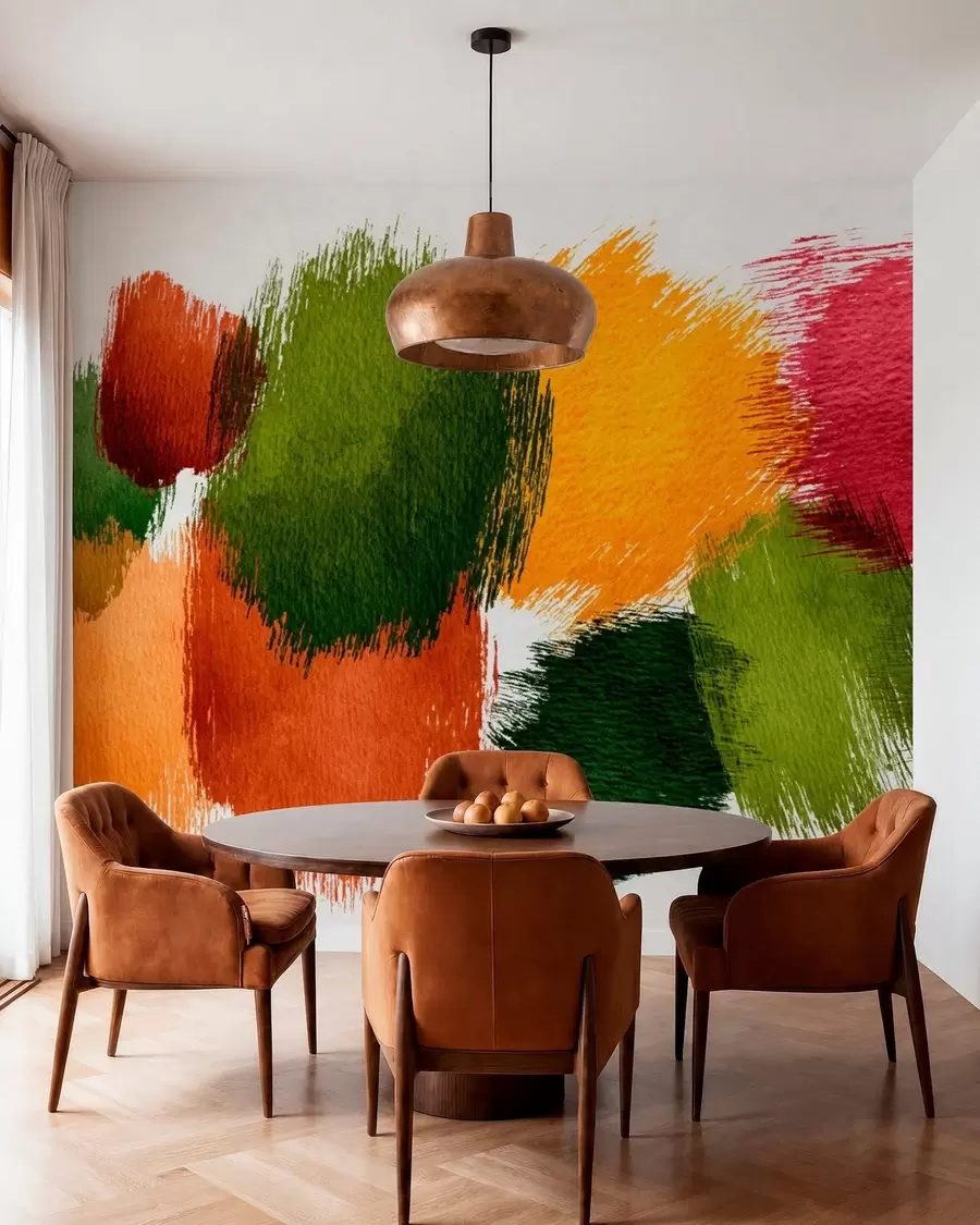 Papier peint Traits abstraits verts, orange et roses w05859