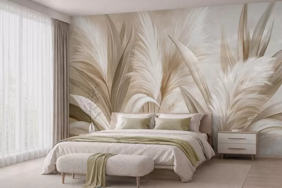 Papier peint Feuilles décoratives aux teintes pâles et fleurs plumeuses w05863