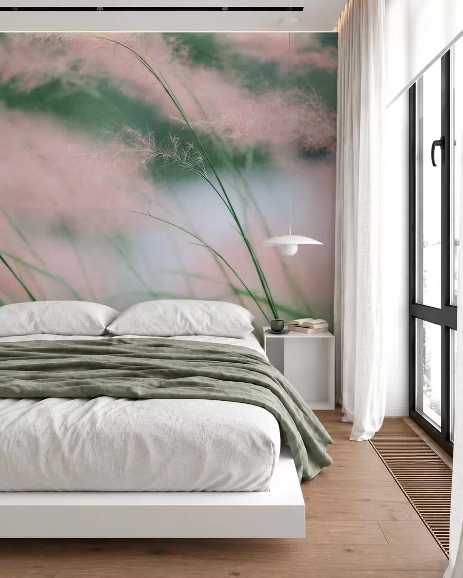 Papier peint Des herbes d'un rose délicat sur un fond vert tendre w05886
