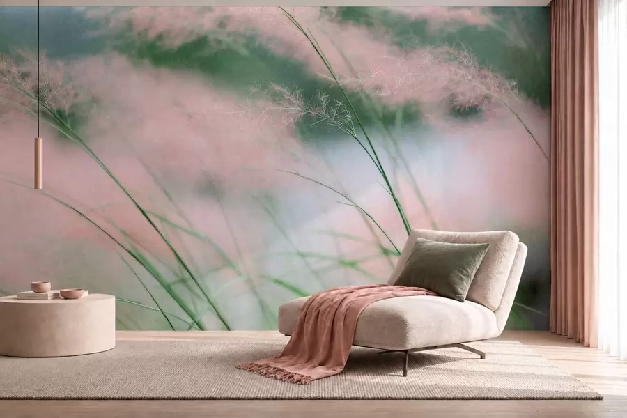 Papier peint Des herbes d'un rose délicat sur un fond vert tendre w05886
