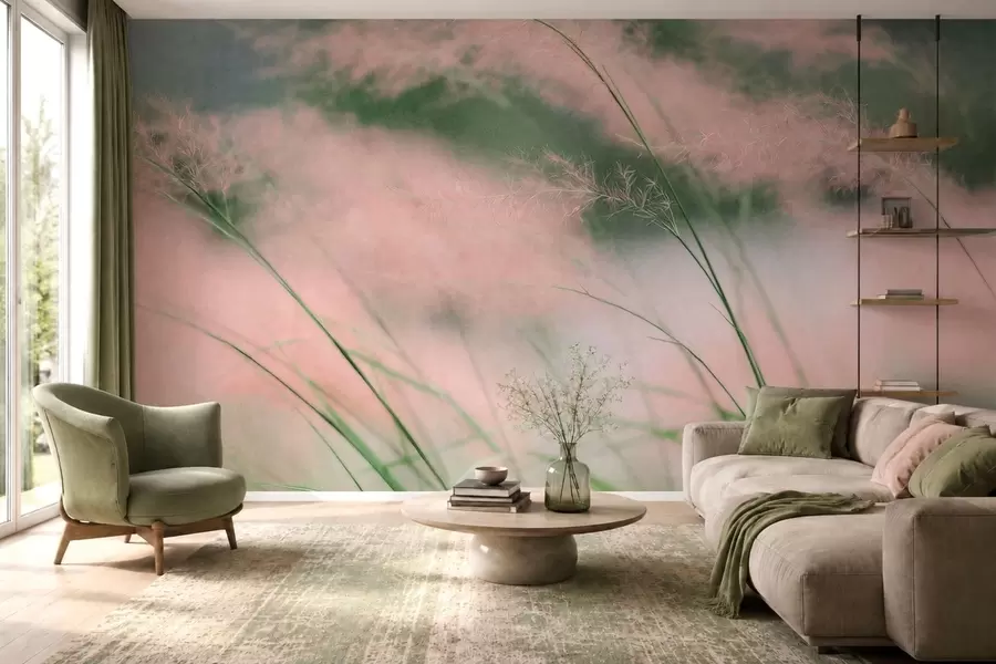 Papier peint Des herbes d'un rose délicat sur un fond vert tendre w05886v1
